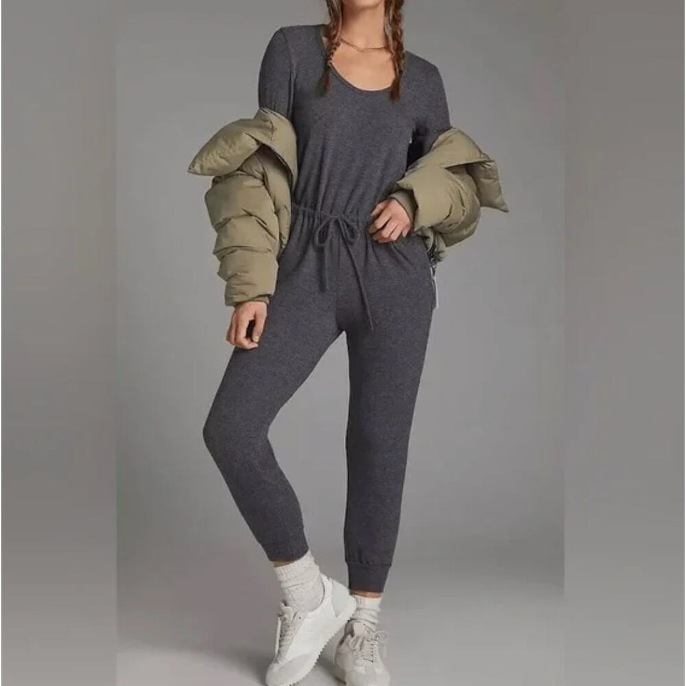 NWT Sundry Anthropologie Tie Waist Long Sleeve Jumpsuit Heather Charcoal Gray